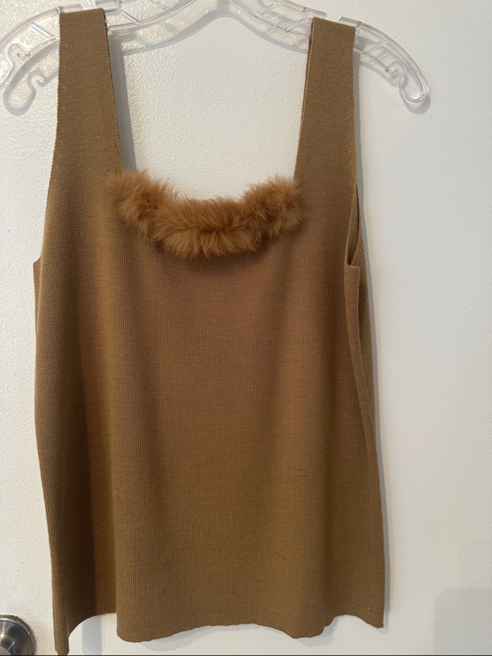 Faux-Fur Trim Knit Tank Top in Brown